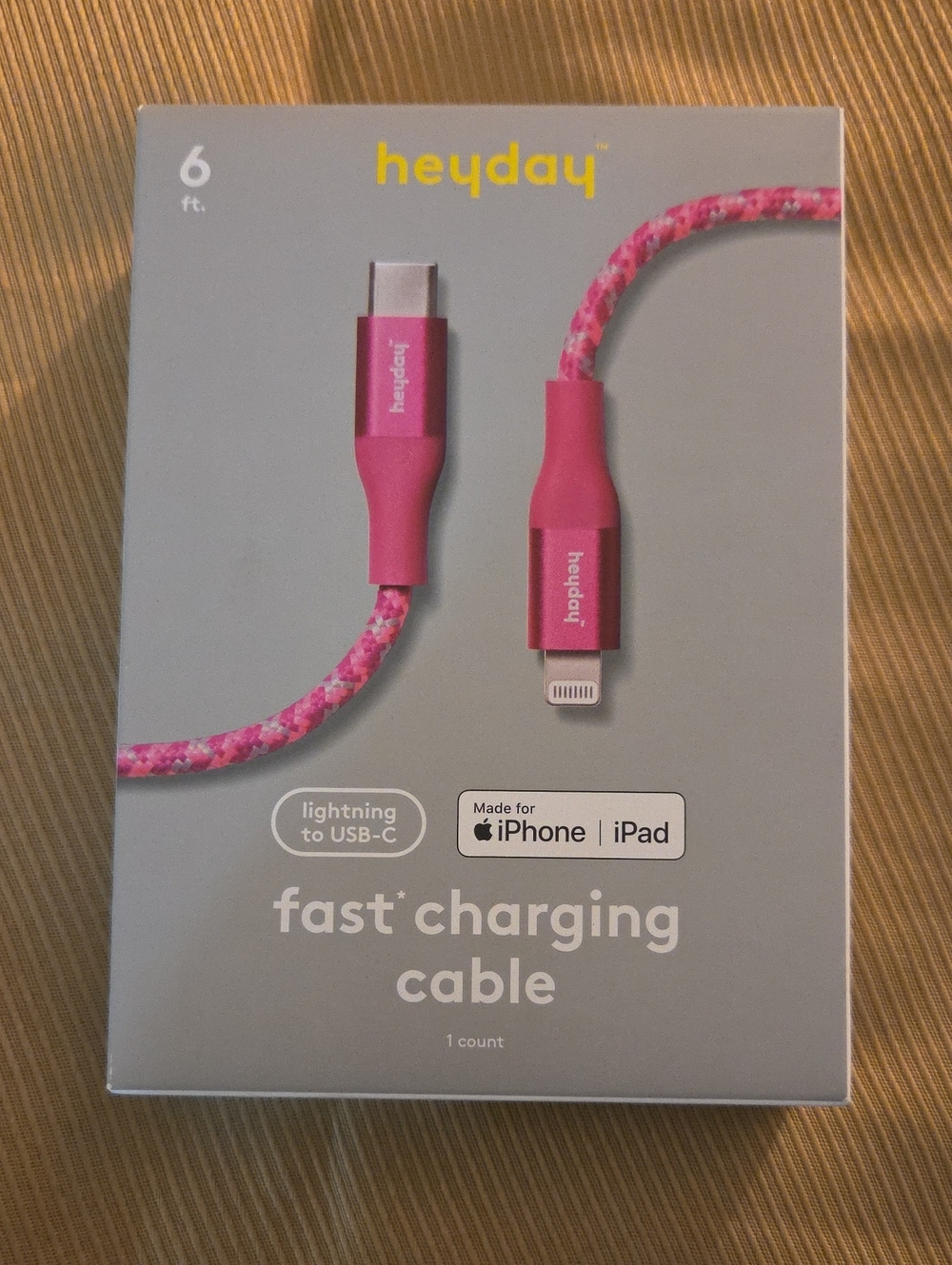 heyday Pink Braided Lightning to USB-C Fast Charging Cable - 6 ft